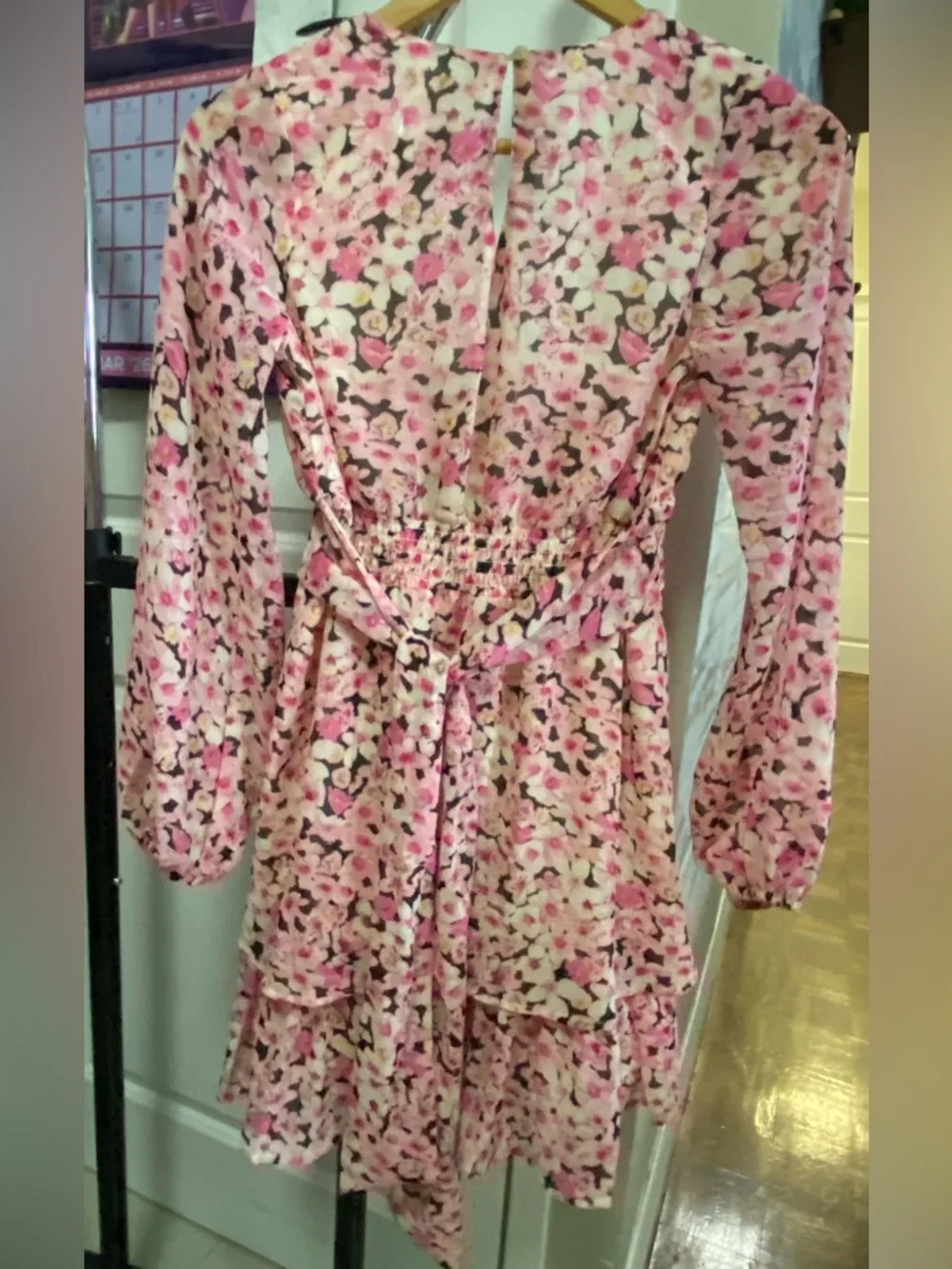 Japna Pink Floral V-Neck Long Sleeve Tiered Dress - Picture 3 of 10